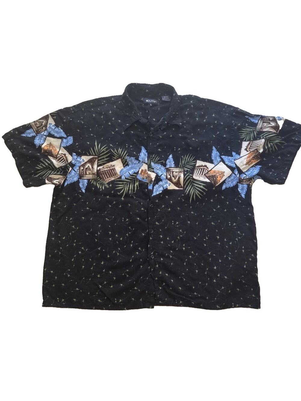Puritan Men’s 3XL Black Rayon Hawaiian Camp Shirt Made in Korea Scenic Landmark
